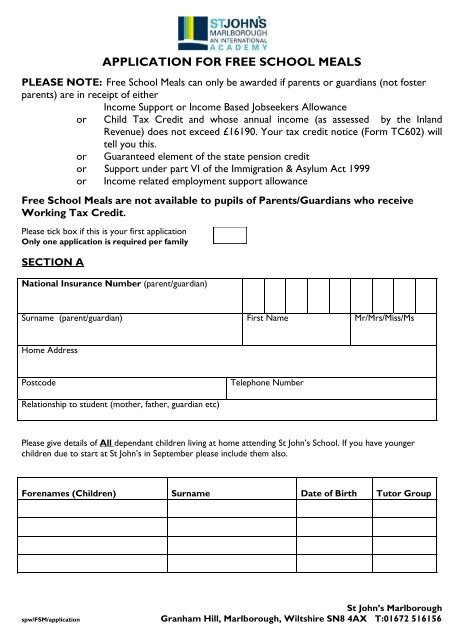 Application Form - St John&rsquo;s School and Community College