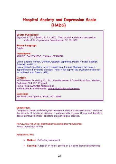 Hospital Anxiety and Depression Scale (HADS): Arabic - Vacau