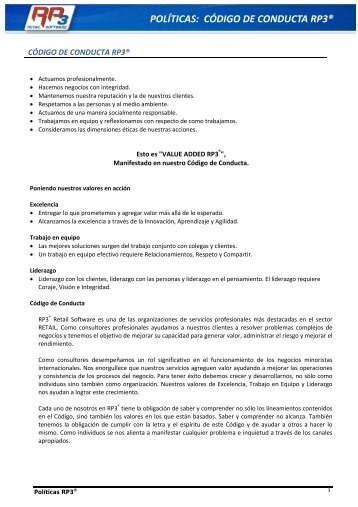 POLÃTICAS: CÃDIGO DE CONDUCTA RP3Â® - RP3 Retail Software