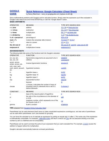 Google Guide Quick Reference: Google Calculator (Cheat Sheet)