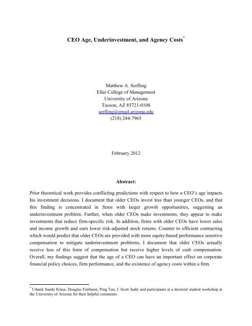 CEO Age, Underinvestment, and Agency Costs - Department of ...