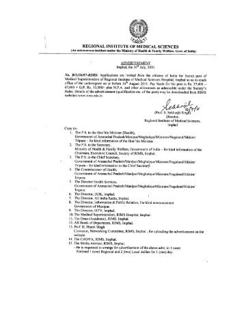 Advertisement for the post of Medical Superintendent - Regional ...