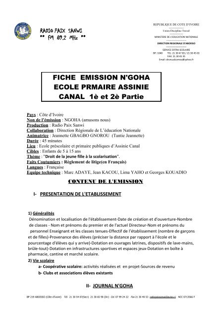 FICHE EMISSION N'GOHA ECOLE PRMAIRE ASSINIE CANAL 1Ã¨ ...