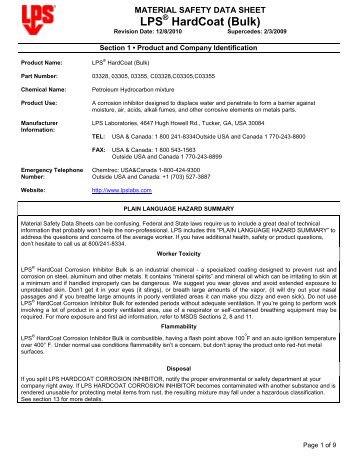 Download HardCoat Corrosion Inhibitor Material Safety Data Sheet