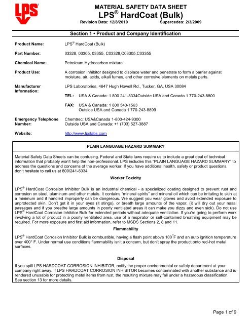 Download HardCoat Corrosion Inhibitor Material Safety Data Sheet