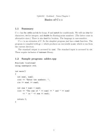 Basics of C++ 1.1 Summary 1.2 Sample program - Clemson University