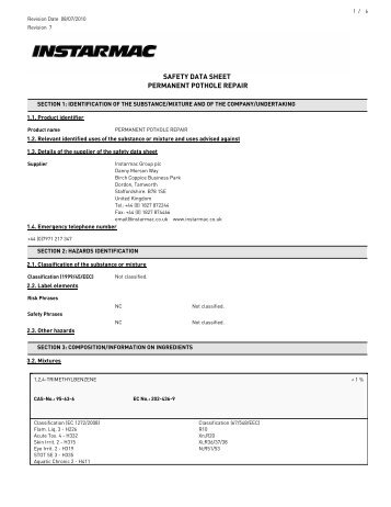 Permanent Pothole Repair Safety Data Sheet - Durey Castings