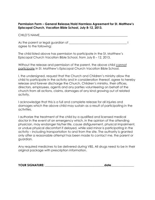Permission Form A General Release Hold Harmless Agreement For