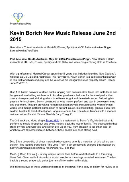 Kevin Borich New Music Release June 2nd 2015