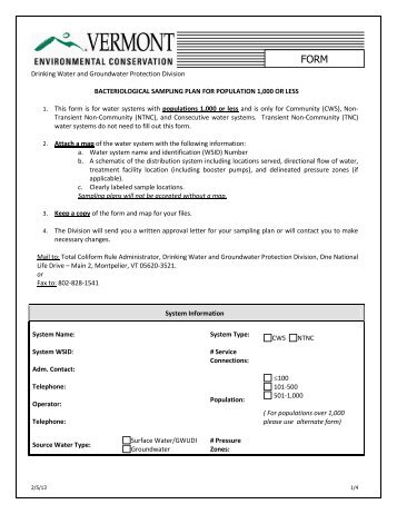 Bacteriological Sampling Plan Less than 1000 Guidance & Form