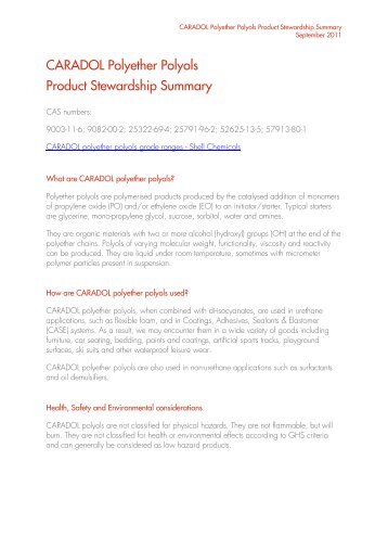 CARADOL polyether polyols product stewardship summary