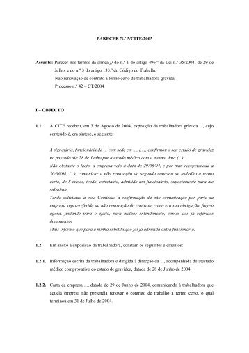 PARECER N.Âº 5/CITE/2005 Assunto: Parecer nos termos da alÃ­nea j ...