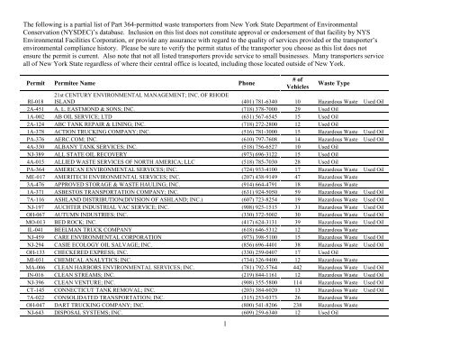 The following is a partial list of Part 364-permitted waste transporters ...