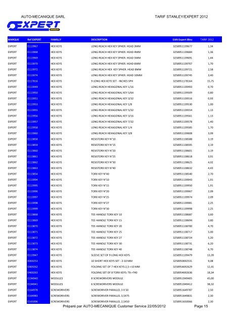AUTO-MECANIQUE SARL TARIF STANLEY/EXPERT 2012 PrÃ©parÃ© ...