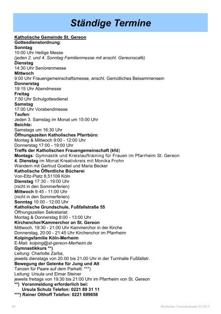 Merheimer Terminkalender 2. Halbjahr 2015