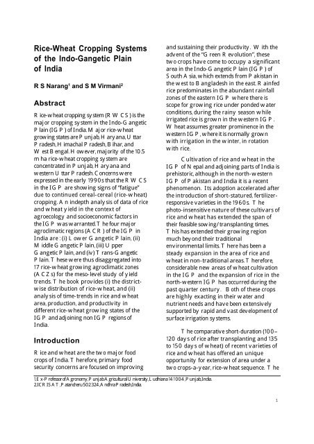 Rice-Wheat Cropping Systems of the Indo-Gangetic Plain of India