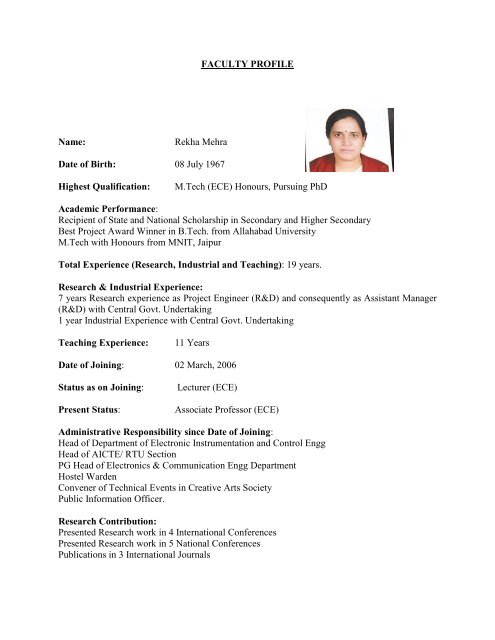 FACULTY PROFILE Name: Rekha Mehra Date of Birth: 08 July 1967 ...