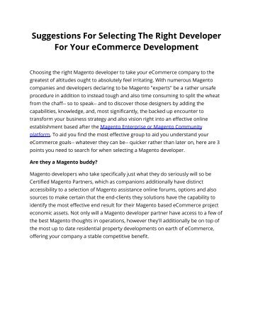 Suggestions For Selecting The Right Developer For Your eCommerce Development