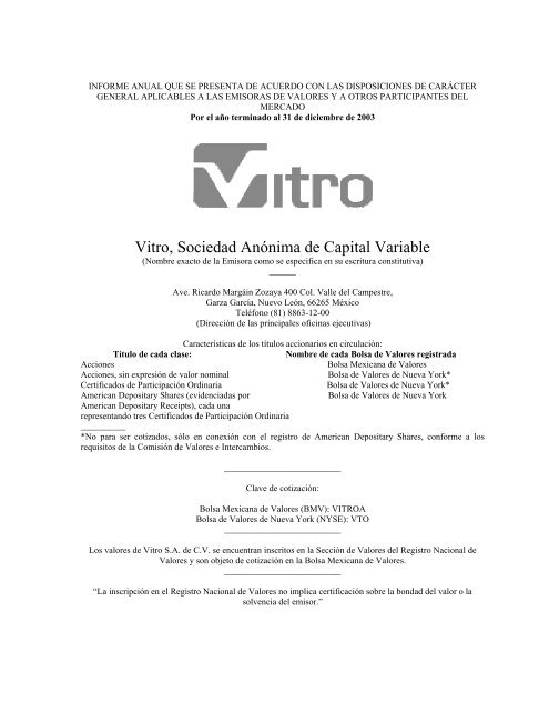Vitro, Sociedad AnÃ³nima de Capital Variable - Santander