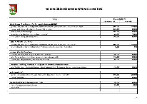 Prix et conditions de location (toutes les salles) - Grandvaux