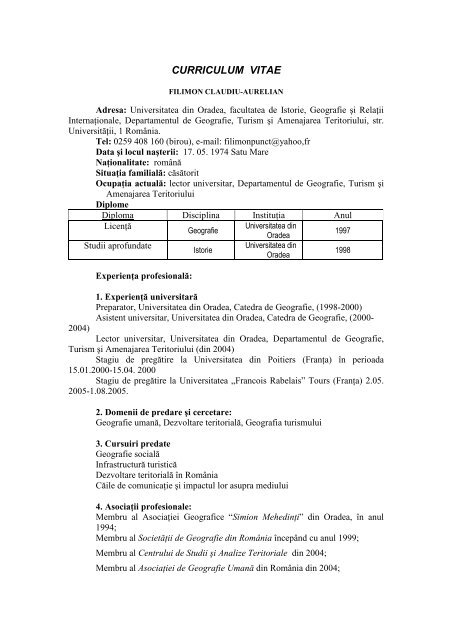 curriculum vitae - Departamentul de Geografie, Turism Åi ...