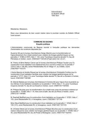 Administration du Bulletin officiel 1950 Sion Mesdames ... - Bagnes