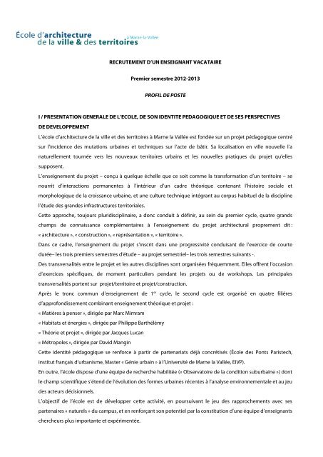 RECRUTEMENT D'UN ENSEIGNANT VACATAIRE Premier ...