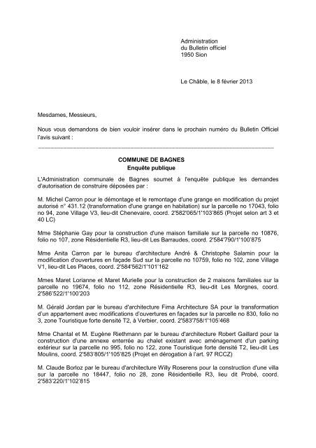 Administration du Bulletin officiel 1950 Sion Le ChÃ¢ble, le ... - Bagnes