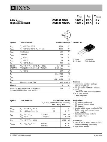 VIV Low V IXGH 25 N120 1200 V 50 A 3 V High speed IGBT IXGH ...