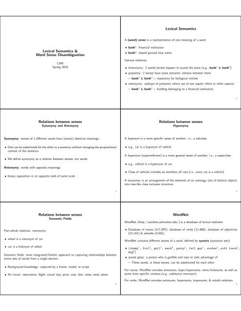 Lexical Semantics Word Sense Disambiguation Lexical - 