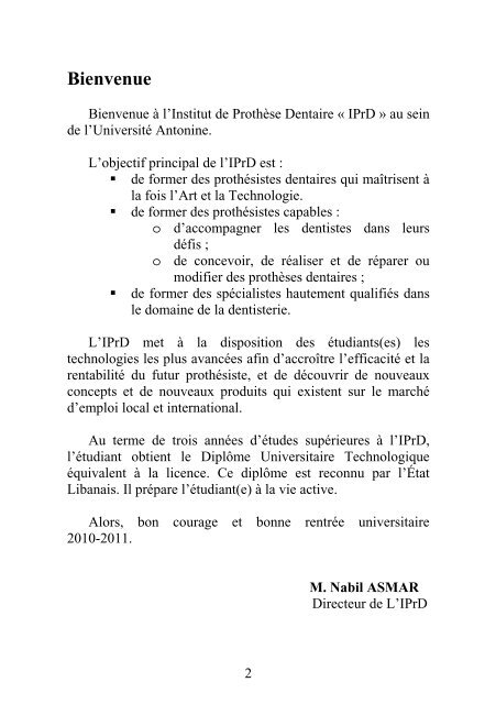 Livret d'accueil dental lab franÃ§ais 2010-2011.pdf - UniversitÃ© ...