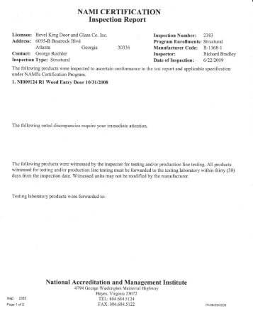 NAMI CERTIFICATION Inspection Report - Bevel King