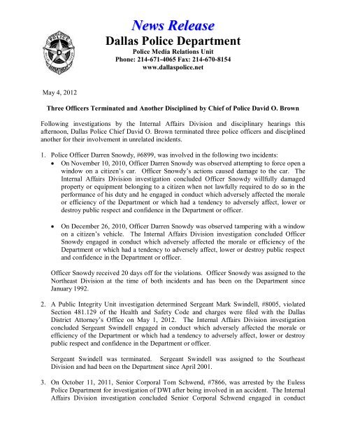 News Release Dallas Police Department