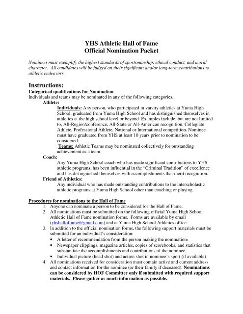 Yuma High School Athletic Hall of Fame nomination forms