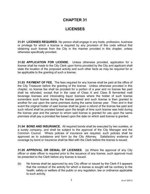 Chapter 31 â Licenses - City of Platteville