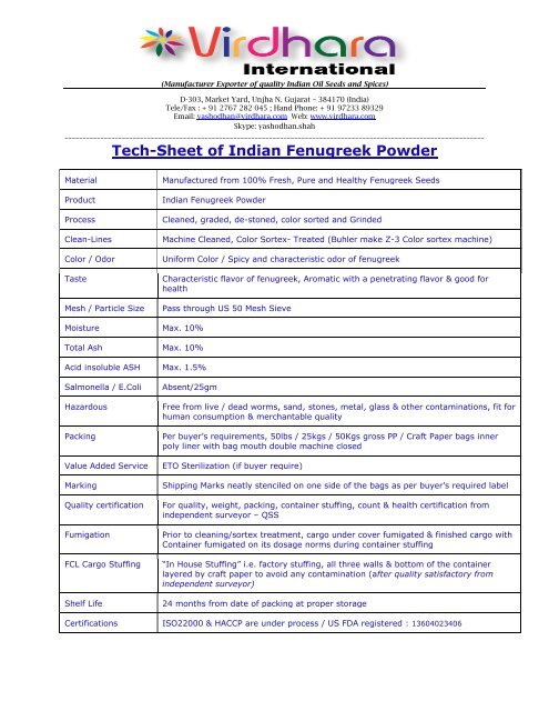 Quality Specifications of Indian Fenugreek Powder Ground Fenugreek by Virdhara International