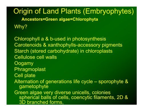 Origin of Land Plants (Embryophytes)