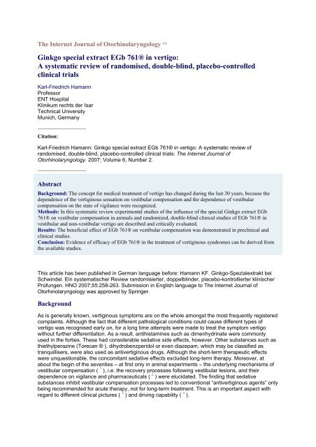 Ginkgo special extract EGb 761Â® in vertigo: A systematic review of ...