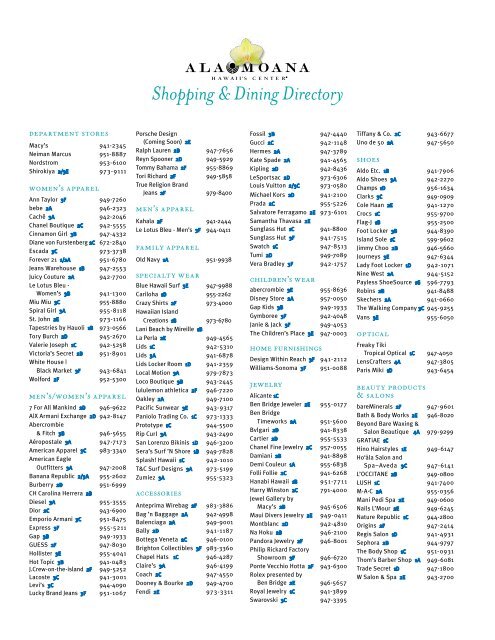 Shopping & Dining Directory - Ala Moana Center