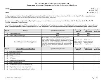 New Privilege List - Neurosurgery - Sutter Medical Center