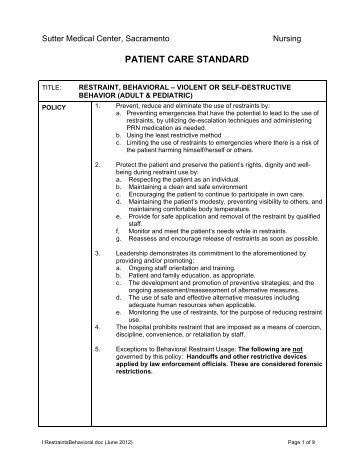 Policy on Behavioral Seclusion and Restraint - Sutter Medical Center