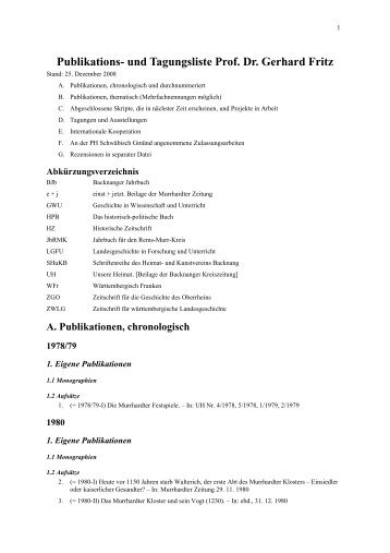 Publikations- und Tagungsliste Prof. Dr. Gerhard Fritz