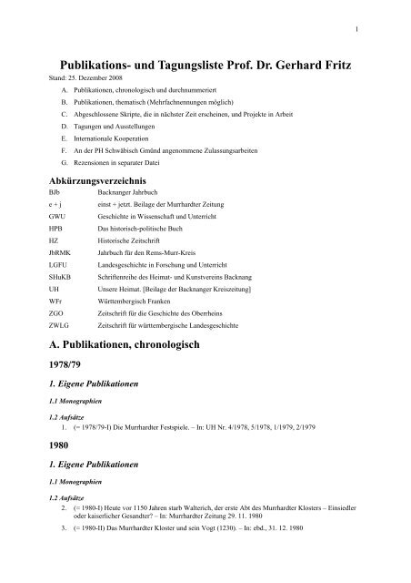 Publikations- und Tagungsliste Prof. Dr. Gerhard Fritz
