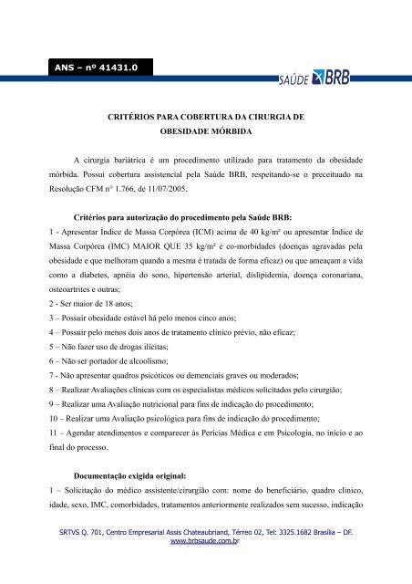 critÃ©rios para cobertura da cirurgia de obesidade ... - BRB SaÃºde