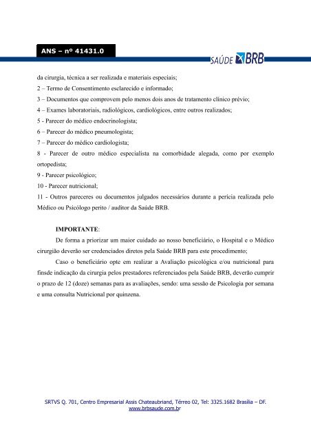 critÃ©rios para cobertura da cirurgia de obesidade ... - BRB SaÃºde