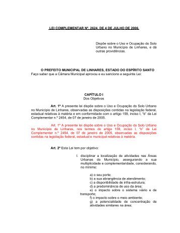 Lei Complementar nÂº 2624/ 2006 - Uso e OcupaÃ§Ã£o do ... - Linhares