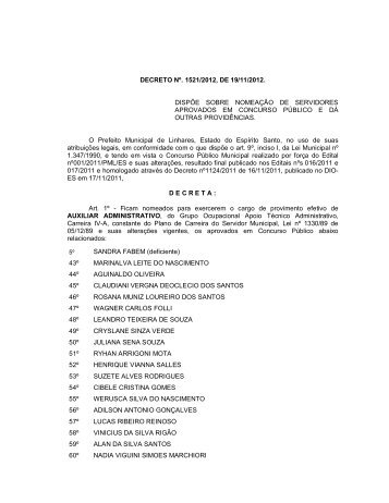 decreto 1521-2012 - nomeia - auxiliar administrativo - Linhares