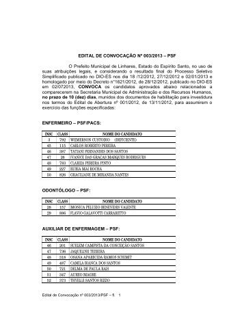 EDITAL DE CONVOCAÃÃO NÂº 003/2013 â PSF O ... - Linhares