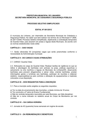 edital processo seletivo simplificado - guarda vidas 2012 ... - Linhares