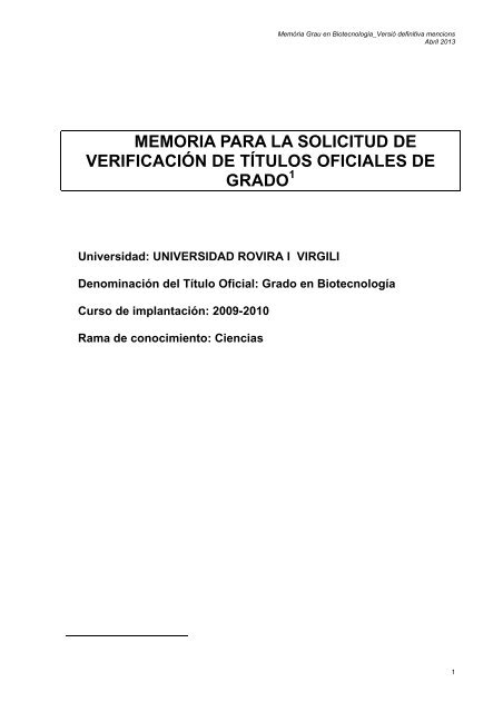 Memoria Para La Solicitud De Verificacion De Titulos Oficiales De Grado